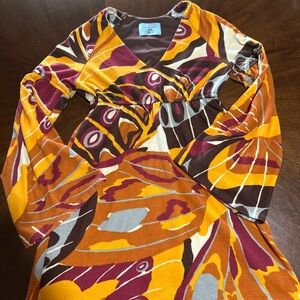 Judith March Multicolor Abstract V-Neck Dress — Mustard, Burgundy, Brown